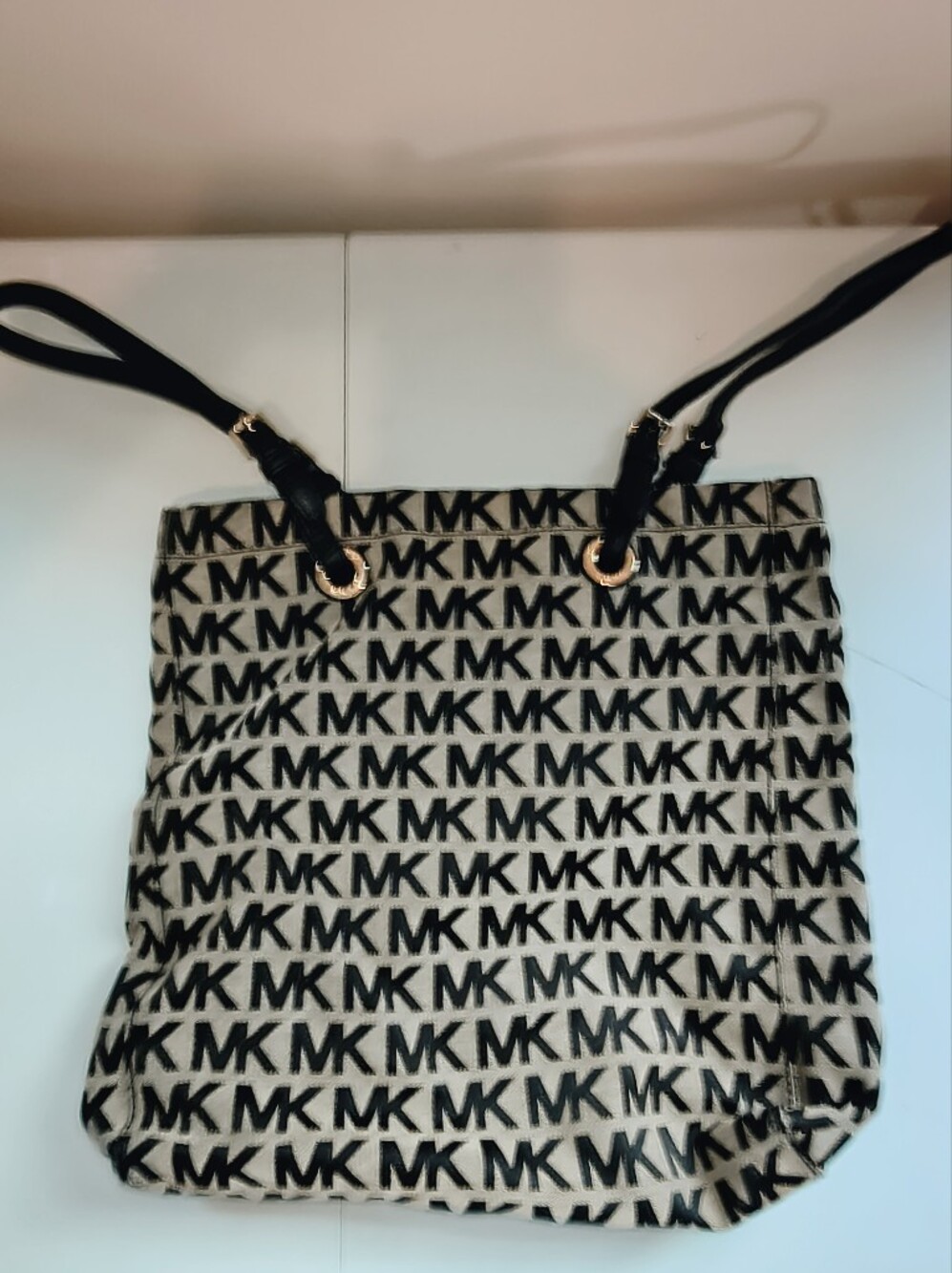 Michael Kors Black & Cream MK Monogram Tote with Gold Hardware